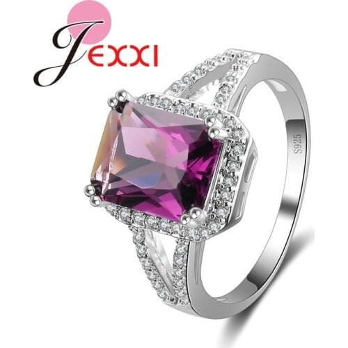 Classic Propose Rings Hollow Rhinestone Square Purple Crystal Fashion 925 Sterling Silver Jewelry Women Party Accessory