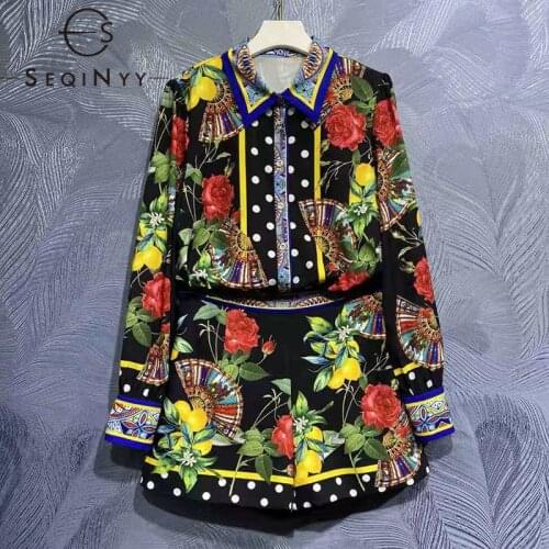 SEQINYY Sicily Style Suit Spring Summer New Fashion Women Shirt + High Waist Shorts Fruit Flower Dot Print Two Pieces Set