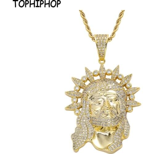 TOPHIPHOP Jesus Head Pendant Ice Out AAA Cubic Zircon High Quality Gold Tennis Chain Necklace Men’s Jewelry Hip Hop Pendant