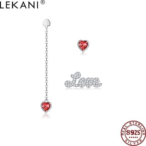 LEKANI Sterling Silver 925 Jewelry Asymmetry Letter LOVE Heart Earrings Red Austria Crystal Stud Earring For Women Party Gift