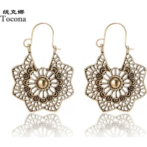 Tocona Hot Selling New Fashion Vintage Rosegold Color Earrings Beautiful Flowers Hollow Desgin Pendant Jewelry For Women 3416