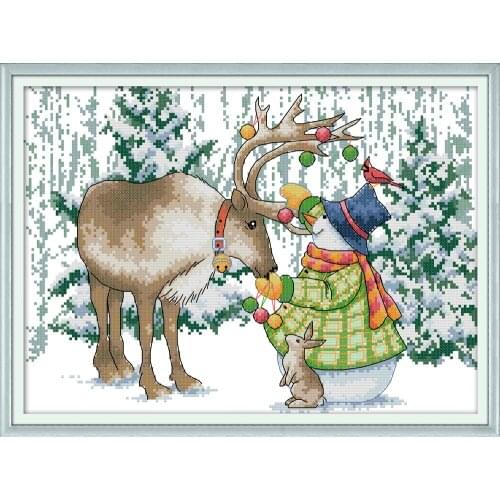 Elk and snowman cross stitch kit aida 14ct 11ct count print canvas cross stitches stitching needlework embroidery DIY handmade