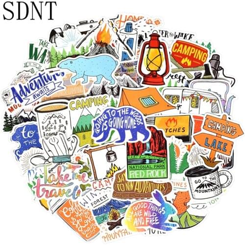 50 PCS Camping Stickers Outdoor Adventure Travel Landscape Simple Lines Cartoon Stickers to DIY Laptop Suitcase Skateboard Car