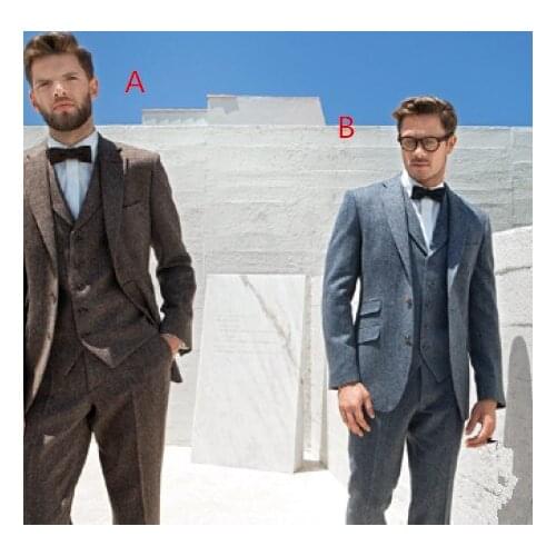2017 Latest Coat Pant Designs Brown Grey Tweed Men Suit Prom Tuxedo Terno Slim Fit Skinny 3 Piece Custom Groom Blazer Masculino