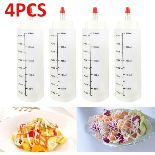 New 4pcs 250ml 8oz Plastic Sharp Mouth Squeeze Sauce Bottle Condiment Dispenser For Drawing On Cake Biscuits Kitchen Gadget