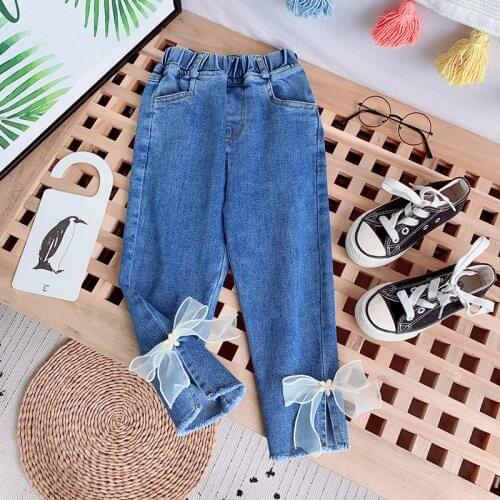 Gooporson Fall Fashion Little Girls Jeans Lace Flower Bow Tie Cute Children Clothes Denim Pants Korean Kids Outfits Girl Costume