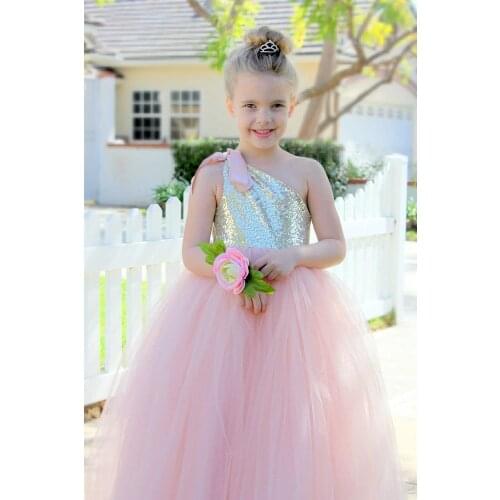Single Shoulder Paillette Tutu ruffles Flower Girl dresses Full tulle pageant Dress Wedding Banquet Full Dress Ball Full Dress