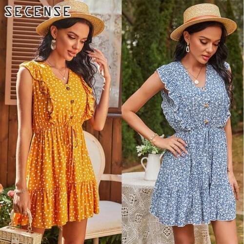 Dresses Women Casual A-Line V-Neck Patchwork Design Ruffles Mini Dress Holiday Short Butterfly Sleeveless Floral Printed Summer