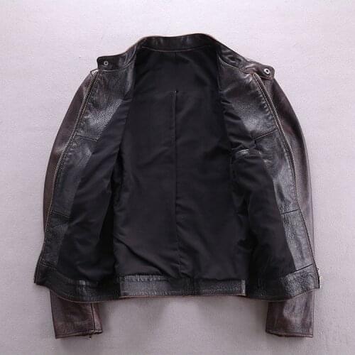 Casual Vintage genuine men cowskin short simple motorcycle biker jacket mens slim real leather coat