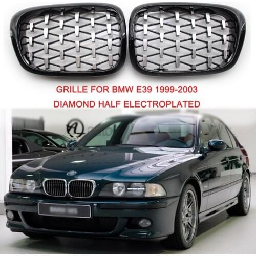 1 Pair Half Electroplated Diamond Slat Gloss Black Car Front Kidney Grill Grilles For Bmw E39 1999 2000 2001 2002 2003 2004 Abs