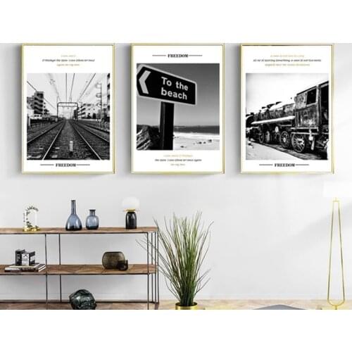 Retro Black And White Railway Train Painting To The Beach Canvas Pictures Nordic Poster Home Decoration Wall Art