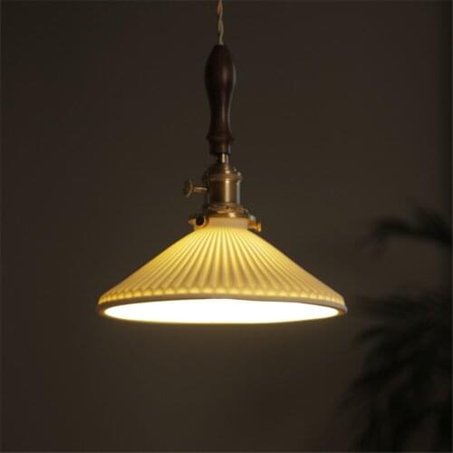 Modern Retro Pleated Ceramic Led Pendant Lights Nordic Walnut bedroom bedside Lamp bar Restaurant Brass Pendant Lamp