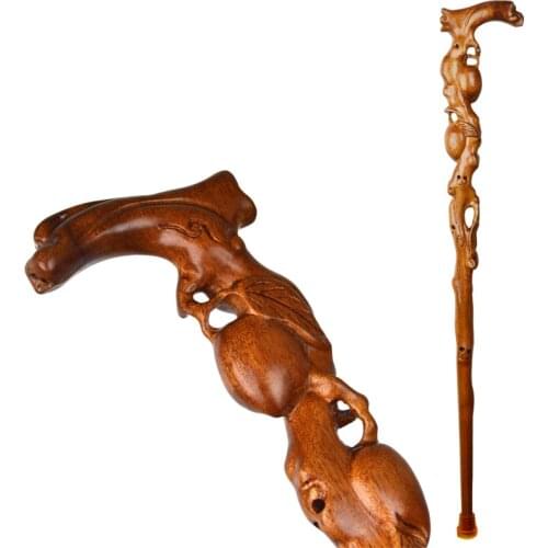Monolith Real Red Wood Hand Carved Peach Old Man Walking Stick Leading Canne Grandpa Good Lucky Old Chinese Rosewood Hand Crutch