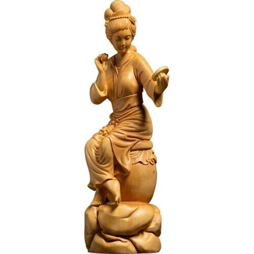 16CM Dressing beauty boxwood Chinese solid wood home room decoration crafts creative wood carving ornament