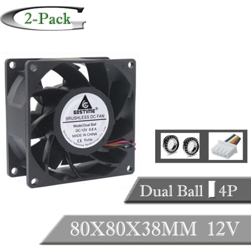 2PCS Gdstime 8038 DC 12V 8cm 80mm Ball Bearing Waterproof Cooling Fan 80x80x38mm PWM 4Pin Inverter Cooler Cooling