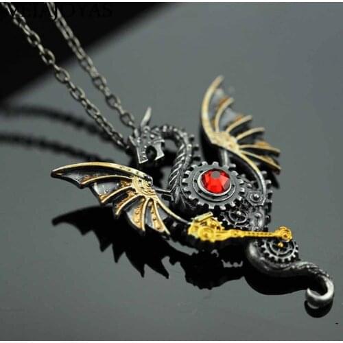 Vintage Dragon Pendants Necklaces Alloy Dragon Bead Chain Necklace for Women Red Crystal Punk Jewelry Charms Choker Necklaces