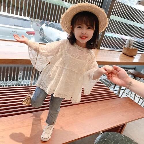 Little Girl’s Solid Color Lace Shirt, Babys Lace Crew Neck Long Transparent Sleeve Top White Tops Korean Style Jeans set