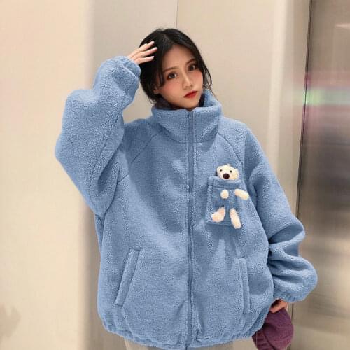 Womens Bear Jacket Solid Color Stand-up Collar Casual Korean Version of Cute Bear Spring Plus Velvet Thick Street Jacket 2021