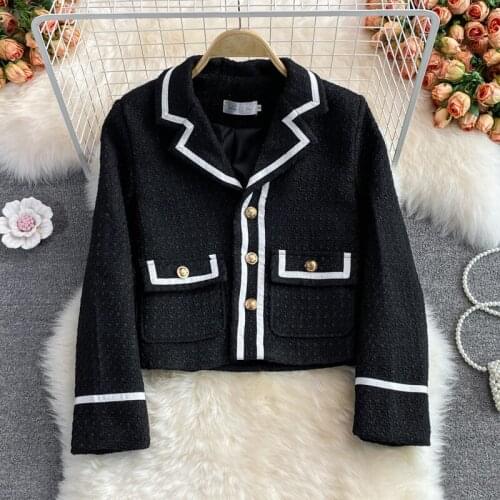 Black Tweed Jacket Women 2021 New Single Breasted Lapel Spliced Jackets Short Coat Ladies Autumn Loose Elegant Outerwear