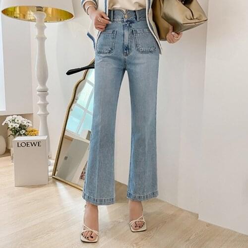 High Waist Micro Flared Pants Light Blue Elegant Jeans For Women Pockets Denim Pants Fall Straight Trousers P145