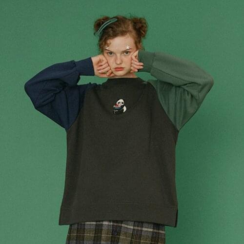 2019 Spring New Design Women Pullover Sweatshirts Long Raglan Sleeve Panda Letter Embroidery Grey Hoodies Jumpers Tops Cotton