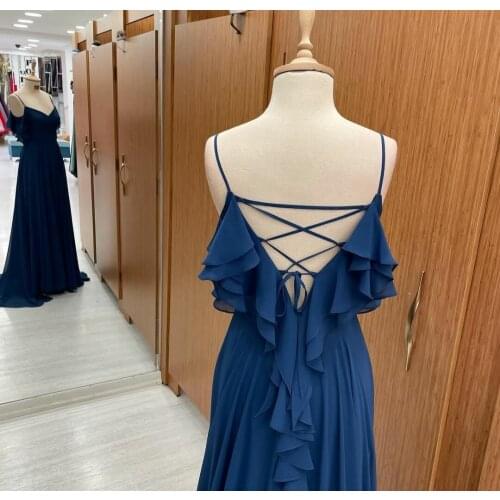 Vintage Long Blue V-Neck Chiffon Prom Dresses Ruffled Robe De Soiree Sweep Train Off Shoulder Pleated Formal Party Gown