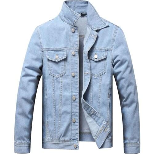2021 New Spring Light Blue Denim Cotton Slim Denim Coats Casual Jean Blouse Men