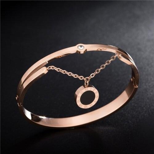 AENINE Titanium Steel Roman Numerals Black/White Shell Charm Bangles Bracelet Rose Gold Wedding Bangle Jewelry For Women AB19068