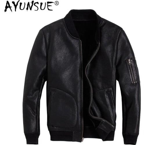 AYUNSUE Mens Genuine Leather Jacket Winter Coat Sheep Shearling Jacket Men Bomber Motorcycle Sheepskin Leather Jackets KJ2915