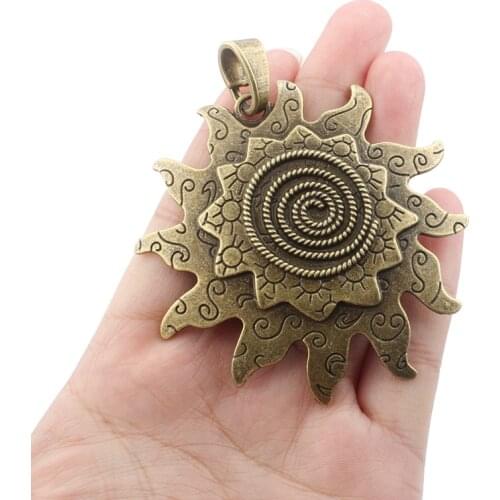 2PCS Large DIY Jewelry Accessories Antique Bronze Carved Spiral Swirl Sun Shape CHarm Pendant for Necklace Findings 66x62mm