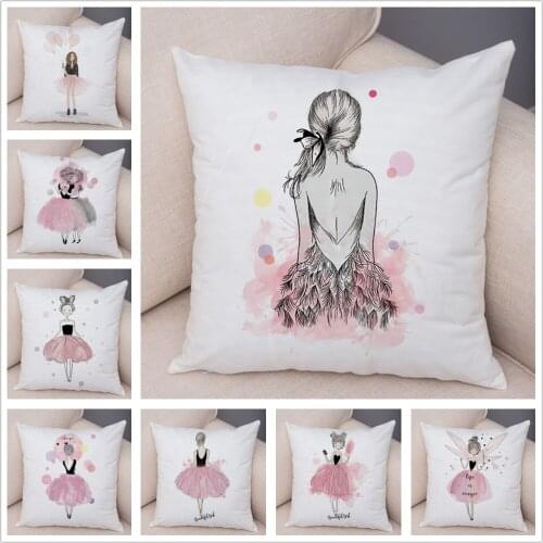 Nordic Style Pink Ballet Girl Cushion Cover Decor Cartoon Simple Queen Pillow Case for Sofa Super Soft Short Plush Pillowcase