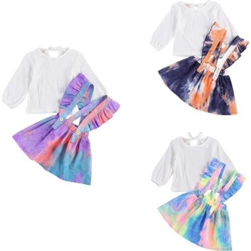 2021 Toddler Kids Baby Girls Long Sleeve Cotton Linen T-shirts+Tie Dye Print Ruffles Suspender Skirts Dress 2Pcs Outfits Clothes