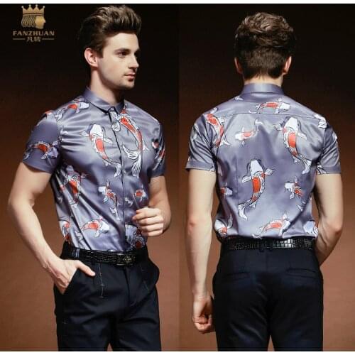 FANZHUAN Free Shipping New male fashion Mens Mens thin summer casual Short Sleeved slim Non-ironing grey printed shirt 812086