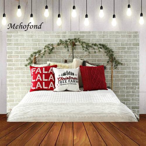 Mehofond Photography Background Winter White Christmas Headboard Bed Brick Wall Holiday Family Newborn Kid Backdrop Photo Studio