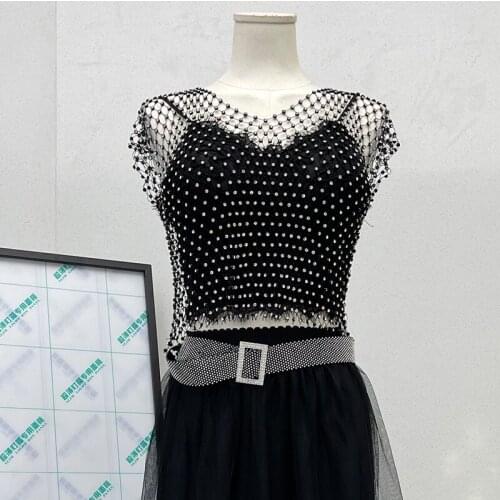 H80&S90 New Women Shiny Diamente Crystal Clear Glass Rhinestone Mesh Tank Tops Female Sexy Blouse Sewing See Through Trim Vest