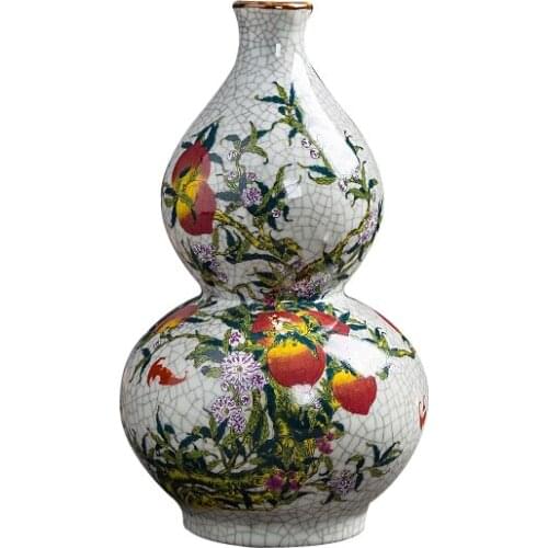 Chinese Handmade Color Crack Peach Crack Flower Dragon Design Ceramic Flower Vase Gourd Bottle