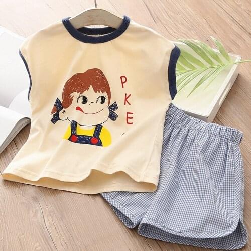 2-8 Y Baby Girls Clothing Sets 2021 Summer New Kids Cute Casual Cotton Set Print Short Sleeve Tshirt Plaid Shorts Girl 2pcs Suit