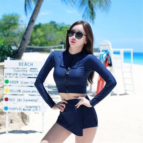 Long Sleeve Rash Guard Women Solid Two Piece Swimsuit Push Up Swimwear High Waist Bathing Suits Shorts Surfing Suits Pad Skirt