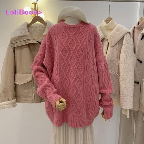 Lolibook Autumn Winter Women Long Sleeve Top Loose Knitting Oversized Sweater Korean Fashion Soild Knitwear Pullovers Brown Tops