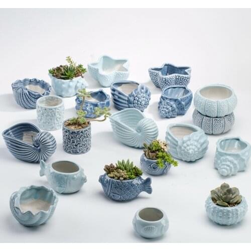 European Style Cute Fleshy Flowerpot Pocelain Blue Fish Flower Vase Home Garden Mini Bonsai Cactus Flower Pot for Home Decor