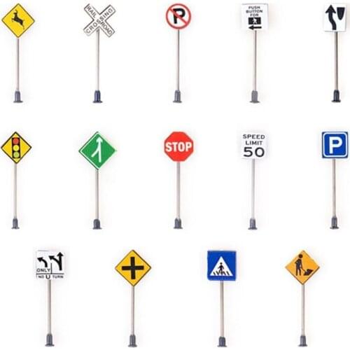 N7ME 14pcs/set 1/87 Scale Model Mini Traffic Signs Building Sand Table Model Accessories DIY Micro Landscape Decoration Road
