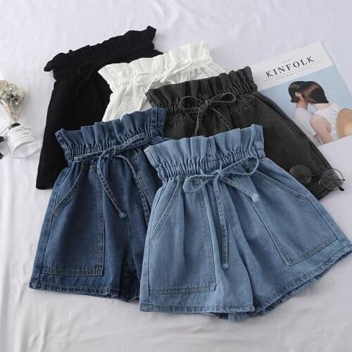 Fashion Bud Strap high waist denim shorts Women summer 2019 new Casual Loose Lace Up Wide-leg Shorts Slim Bow Sashes Jeans Mw699