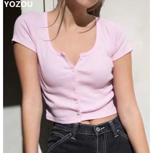 Ins Fashion BM Girl Crop Top Women Summer Chic Single Breasted T Shirts Harajuku Sweet Candy Tops Tees Girls Skinny T-shirt Top