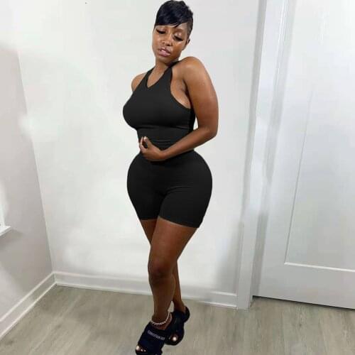 Fashion Casual Solid Color Skinny Two Piece Set Round Neck Sleeveless Slim Tank Top and Bodycon Biker Short Activewear Tracksuit