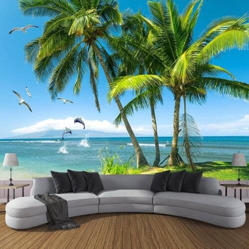 Custom Wallpaper Painting Beach Seagull Coconut Tree 3D Photo Wall Paper Living Room Bedroom TV Background Papier Peint Mural 3D