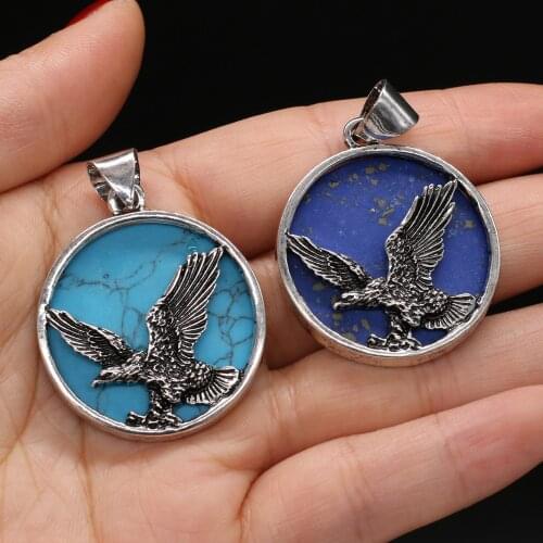 Natural Stone Pendant Bald Eagle Blue Turquoises Malachites Pendant for Trendy Jewelry Accessories Making Women Necklace