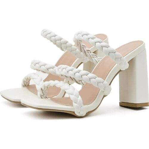 2021 New Summer Women Braid Sandals Ladies High Heel Slippers White Black Open Thick Heel Fashion Female Slides Summer Shoes