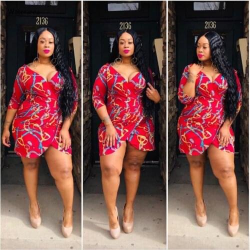 New Plus Size Women Summer V-Neck Three Quarter Printed Tall Waist Mini Dress Club NightParty Dresss DM014