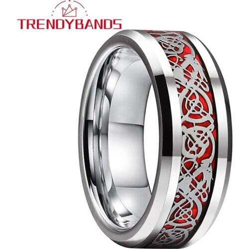 8MM Red Opal Dragon Inlay Mens Womens Tungsten Carbide Wedding Bands Engagement Rings Beveled Edges Polished Shiny Comfort Fit