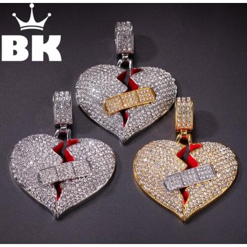 THE BLING KING Alloy A broken heart with a bandage Necklace Hip Hop Full Iced Out Rhinestone gold sliver Stone